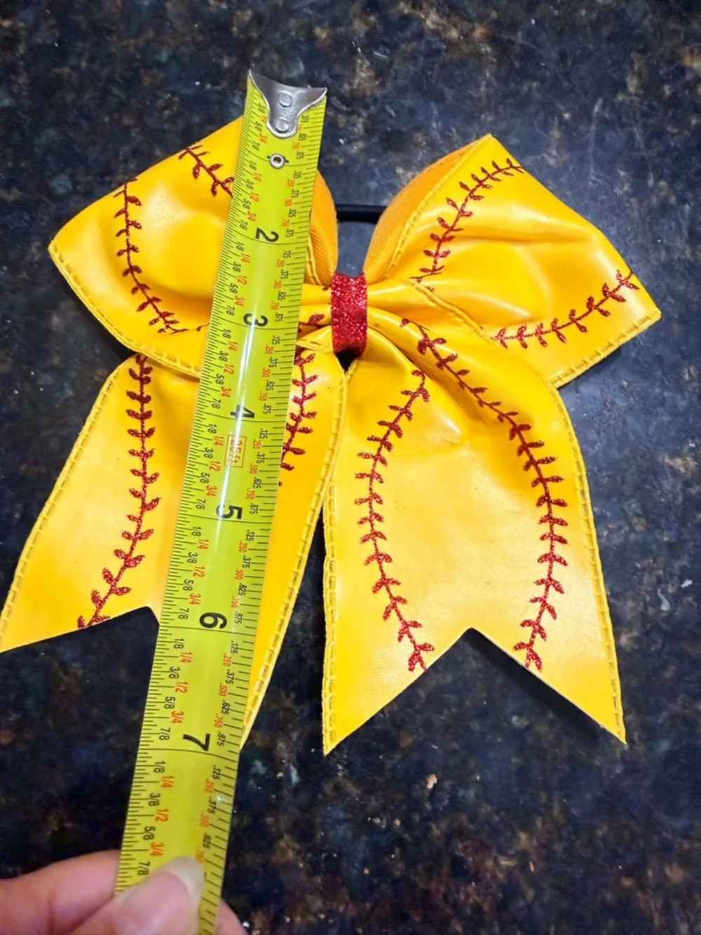 NWOT Vegan Leather Yellow Softball Red Stitch Bow Piny Tail Holder